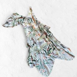 Miss Selfridge Asymmetrical Floral Palm Leaf Dress - Green and Cream